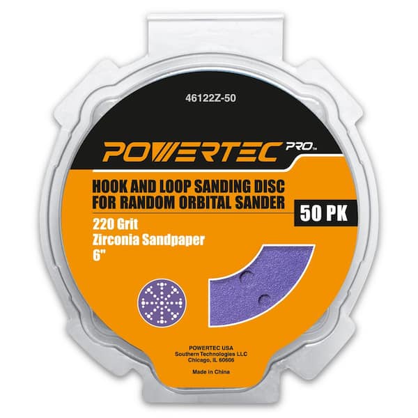 ‎POWERTEC 6 in. 49 Holes Zirconia Hook and Loop Sanding Disc Film Backing, 220 Grit for Festool Random Orbital Sanders (50-Pack)