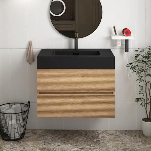 30 in. Wall Mounted Oak Bath Vanity with Black solid surface Top Unassembled