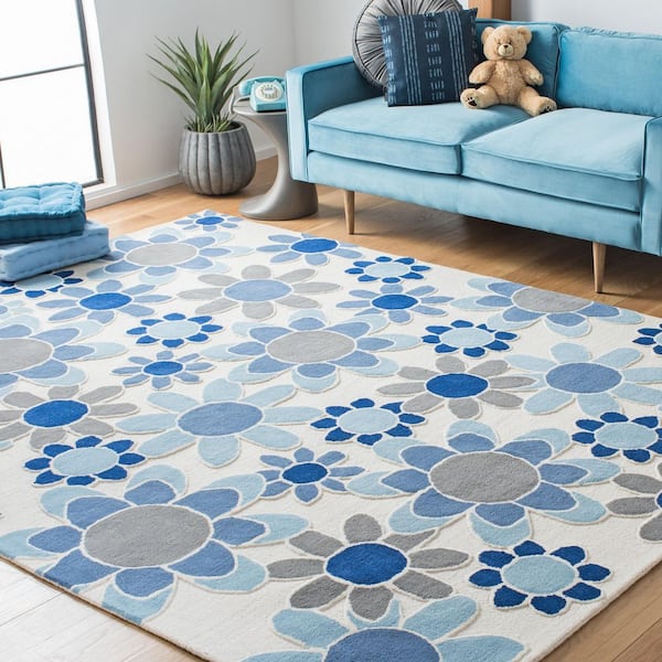 Kids 8 ft. x 10 ft. Ivory/Blue Oversized Floral Area Rug