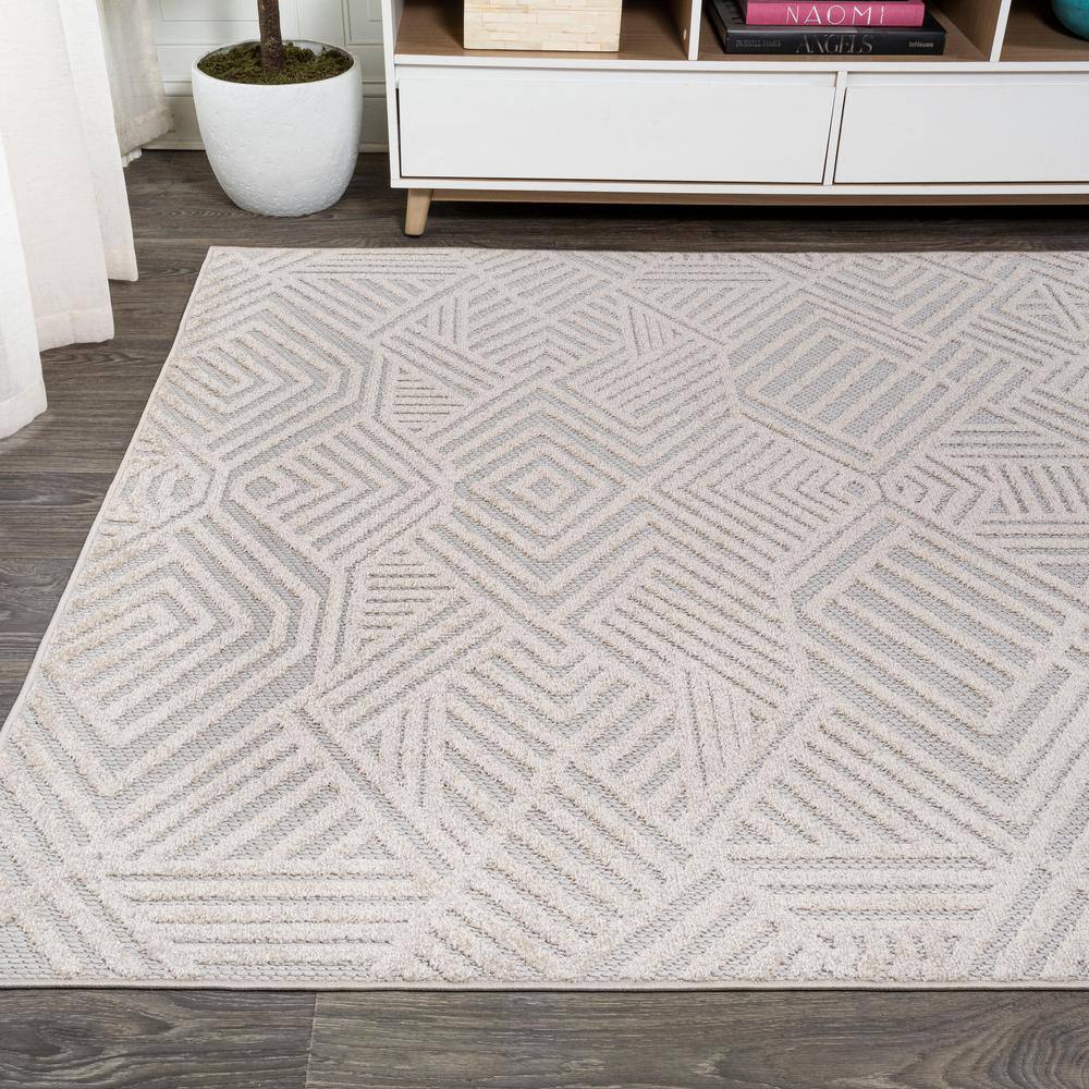 Jordan High-Low Pile Beige Geometric Indoor/Outdoor Area Rug