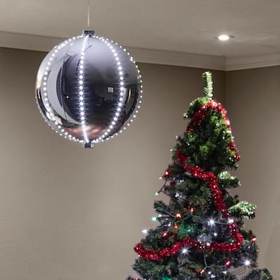 13 in. Tall Large Hanging Christmas Ball Ornament with LED Lights, Silver