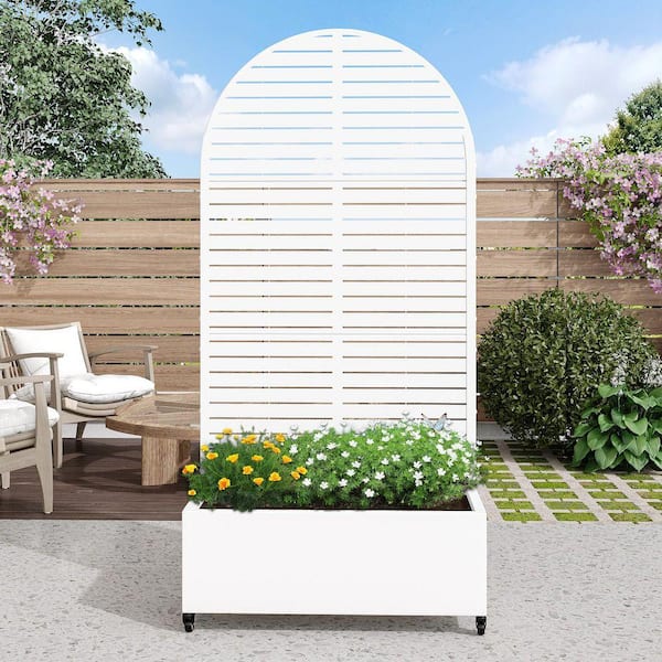 72 in. H x 35 in. W Arch White Outdoor Metal Privacy Screen Planter Box Wall Decor