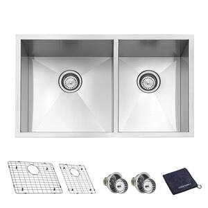 Handcrafted 16-Gauge Stainless Steel 32 in. Double Bowl Zero Radius Undermount Kitchen Sink with Bottom Grid