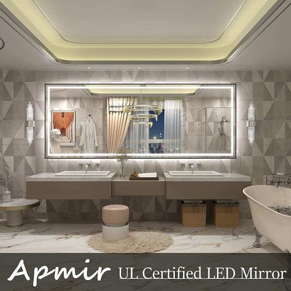 84 in. W x 32 in. H Rectangular Framed Front and Back LED Lighted Anti-Fog Wall Bathroom Vanity Mirror in Tempered Glass