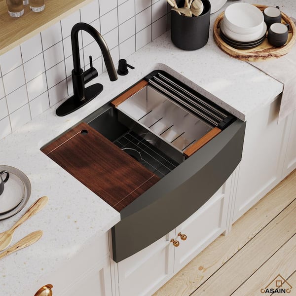 Stainless Steel 33 in. 16-Gauge Single Bowl Farmhouse Apron Workstation Kitchen Sink in Gunmetal Black with Accessories