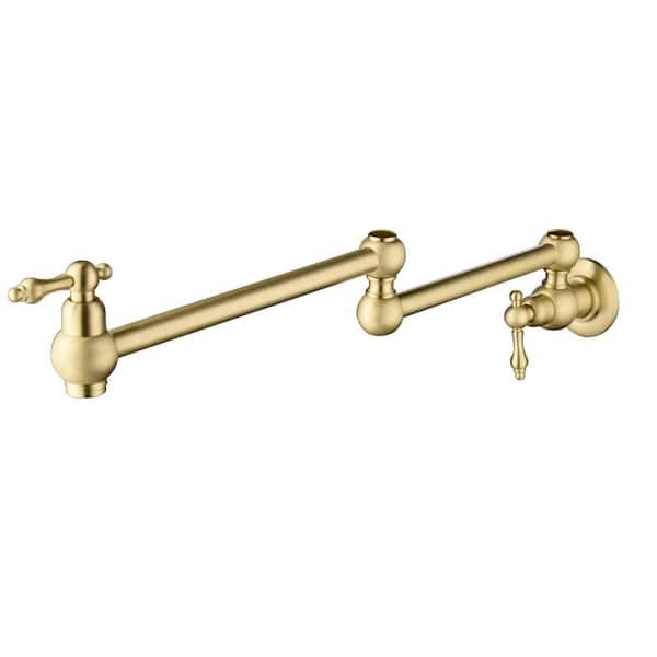 Residential Single-Hole Wall-Mount Pot Filler Faucet with Dual Handles and 360° Swivel Spout in Brushed Gold