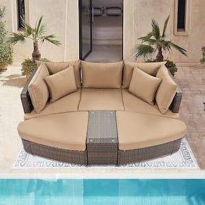 Brown 6-Piece Wicker Patio Conversation Set with Brown Cushions PE Wicker Rattan Seating Group Outdoor Round Sofa
