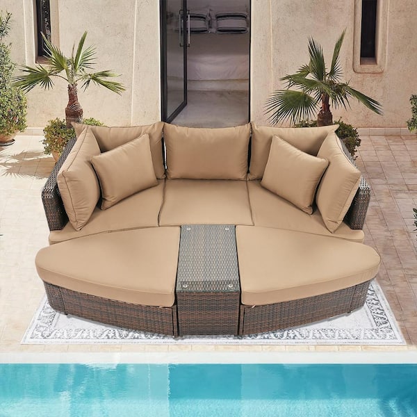 Zeus & Ruta Brown 6-Piece Wicker Patio Conversation Set with Brown Cushions PE Wicker Rattan Seating Group Outdoor Round Sofa