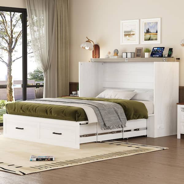 White Wood Frame Queen Murphy Bed with Charging Station and Drawer