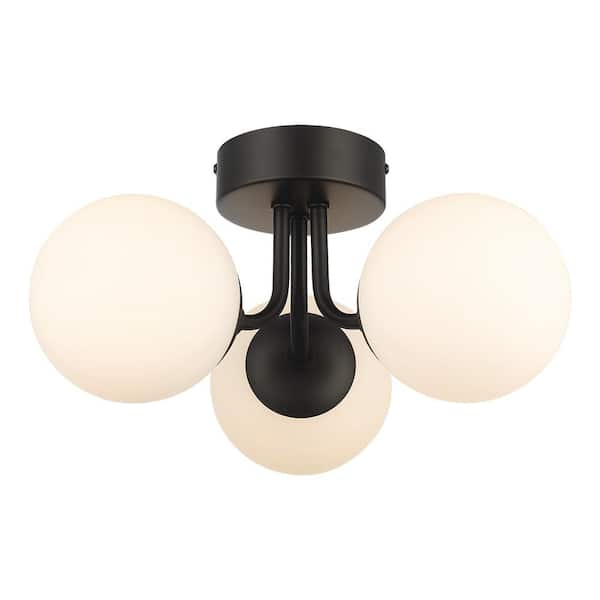 16 in. 3-Light Black Flush Mount Ceiling Light with Glass Globe Shades