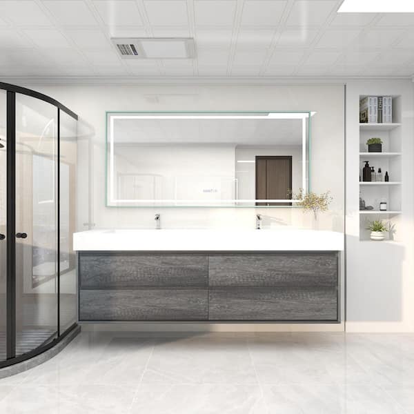 BV Better Vanity Saggie 84 in. W. x 20 in. D x 28 in. H Double Sink Floating Bath Vanity in Smoke Oak with White Acrylic Top