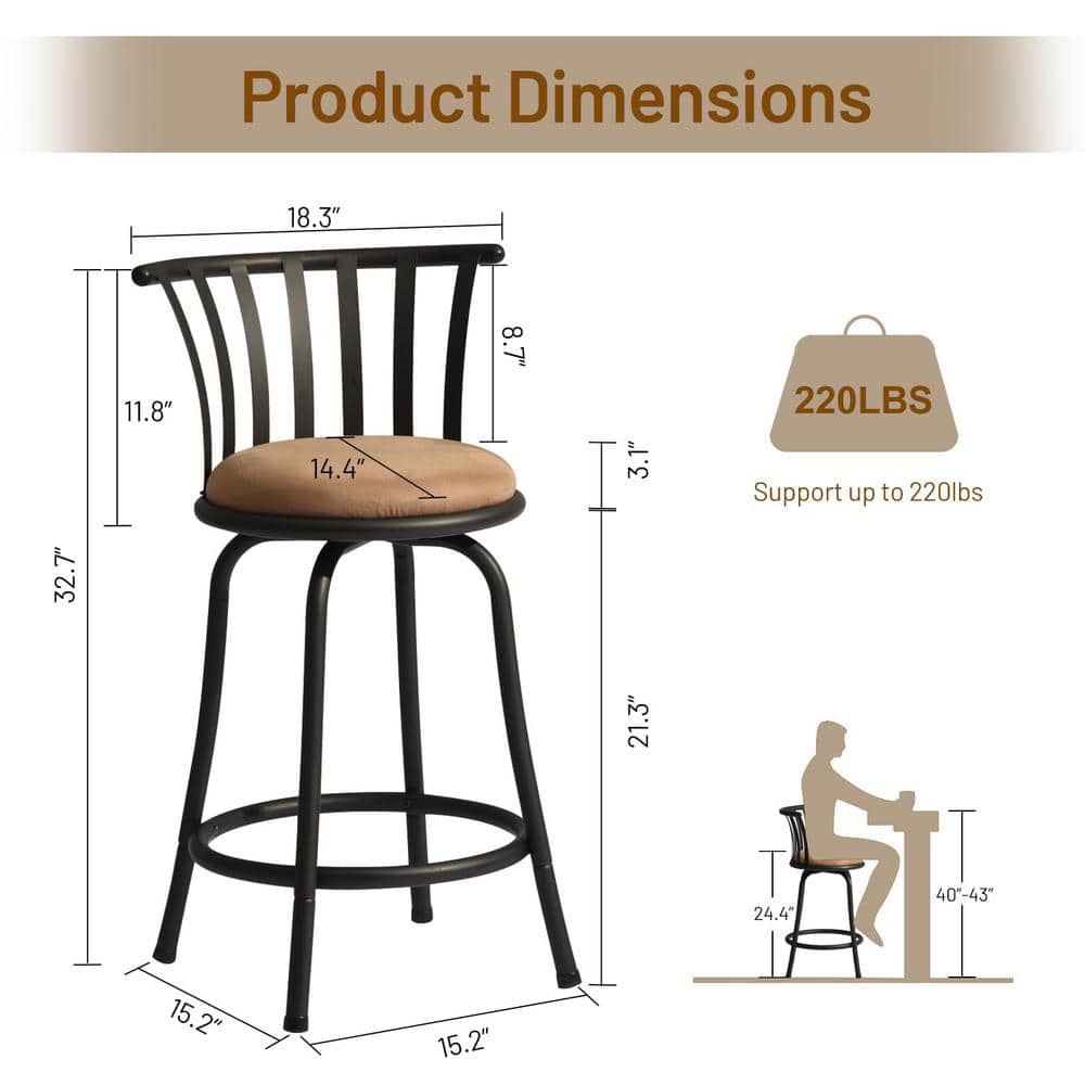 Set of 3 Beige Suede Swivel Counter Barstools with Black Metal Frame