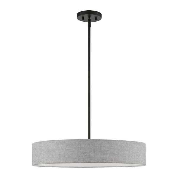 AVIANCE LIGHTING Adalone 4-Light Black Pendant with Drum Urban Gray Fabric Shade and White Fabric Inside