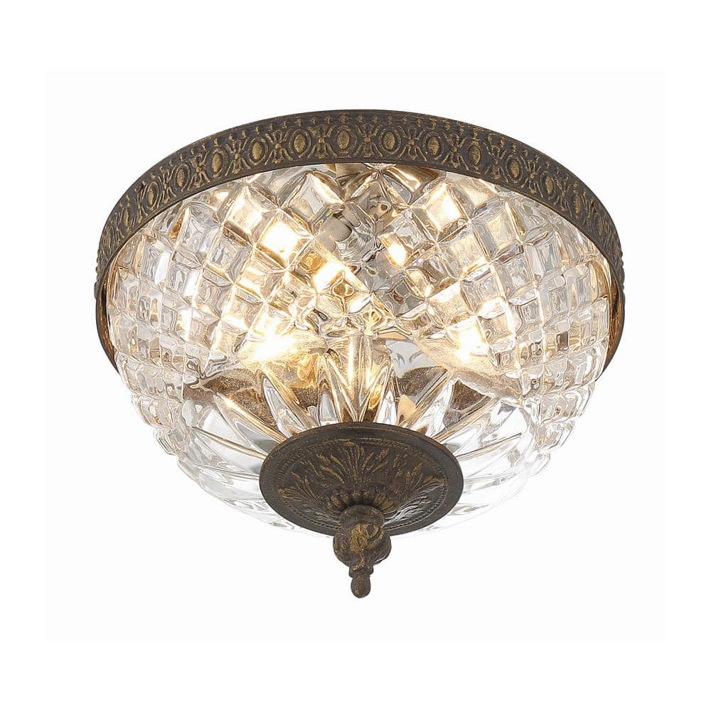 English Bronze Crystal 2-Light Ceiling Mount Fixture