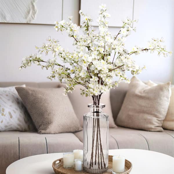 34 in. Cream White Artificial Cherry Blossom Flower Stem Spray (Set of 6)