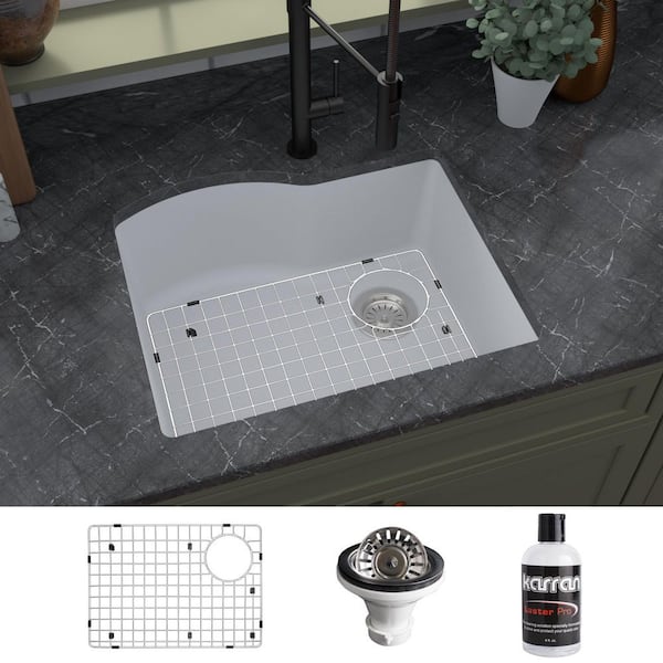 Karran 32 Undermount Quartz Composite Kitchen Sink, 60/40 Double Bowl, White, QU-610-WH-PK1