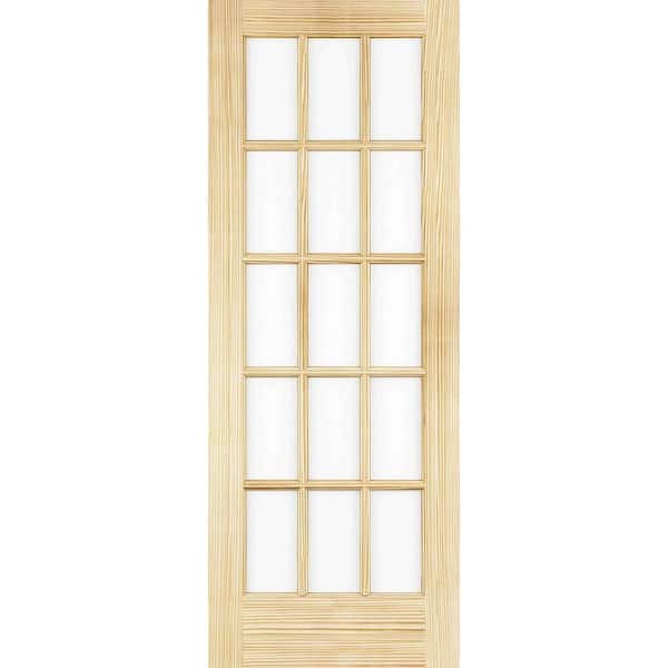 36 in. x 80 in. French Solid Wood 15-Lite Clear Glass Clear Pine Wood Interior Door Slab