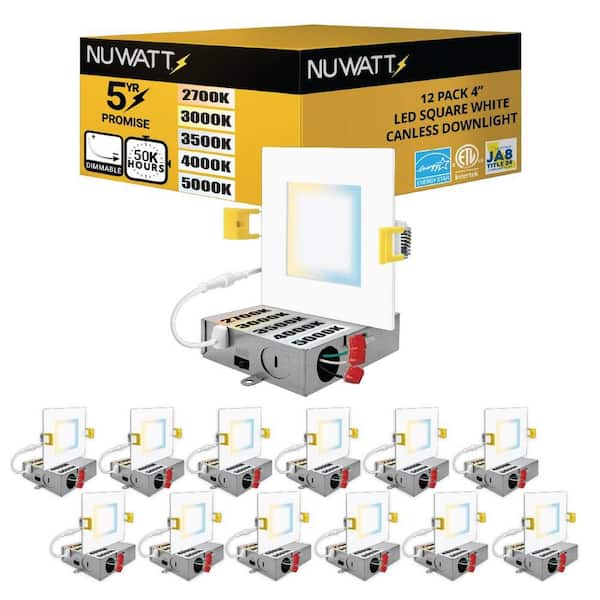 4 in. White Square Slim Canless Integrated LED Recessed Light Kit 5 Color Selectable 2700K to 5000K Dimmable (12-Pack)