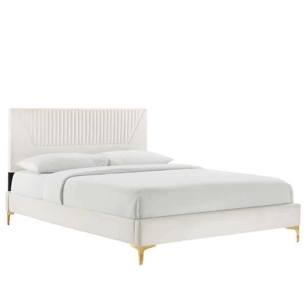 MODWAY Yasmine White Channel Tufted Performance Velvet Frame King Platform Bed