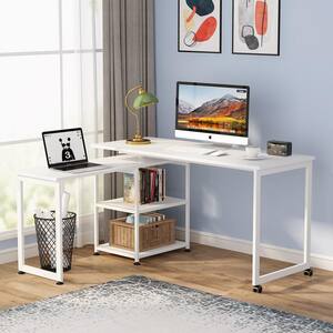 Billie 55 in. L-Shape White Metal White Particle Board Wood Top Corner Computer Desk with Rotating Storage Shelves