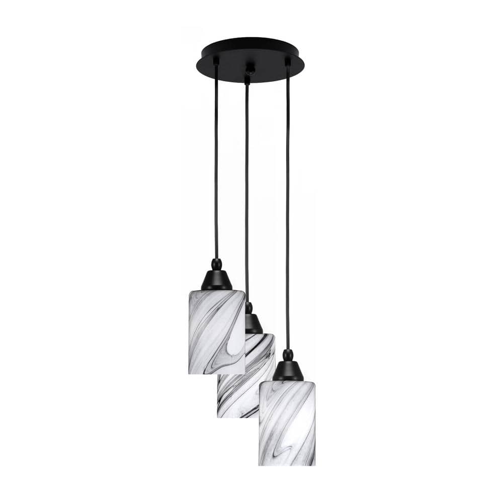 Savannah 10 in. 3-Light Matte Black Cord Pendant Light Onyx Swirl Glass Sha