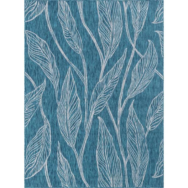 Unique Loom Outdoor Leaf Teal 9 ft. x 12 ft. Area Rug