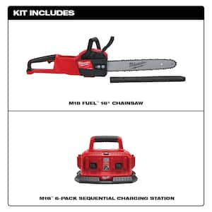 M18 FUEL 18V Lithium-Ion Brushless Battery 16 in. Chainsaw with M18 6-Port Sequential  Charger