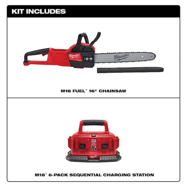 M18 FUEL 18V Lithium-Ion Brushless Battery 16 in. Chainsaw with M18 6-Port Sequential  Charger