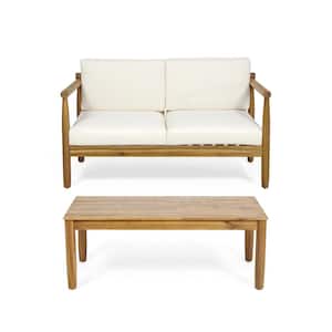 Acacia Wood Outdoor Loveseat with Beige Cushion and Coffee Table