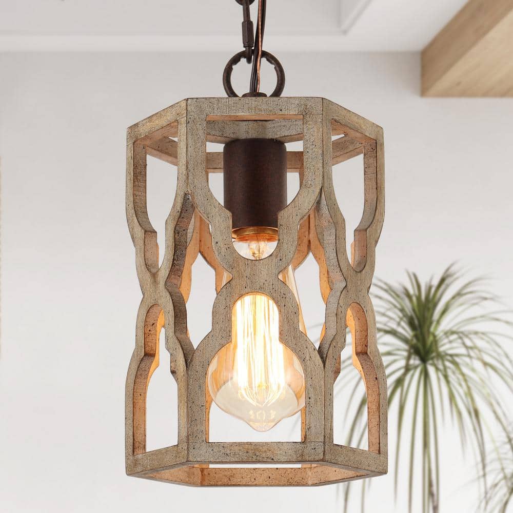 LNC Rustic 1-Light Antique Brown Farmhouse Wood Chandelier Pendant Light  with Rusty Accents and Cylinder Cage MAIFERHD13860G7 - The Home Depot