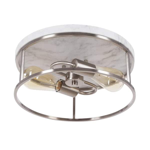Alsy 13 in. 2-Light Brushed Nickel with White Marbled Base Flush