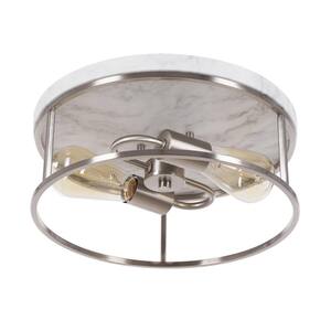 13 in. 2-Light Brushed Nickel with White Marbled Base Flush Mount