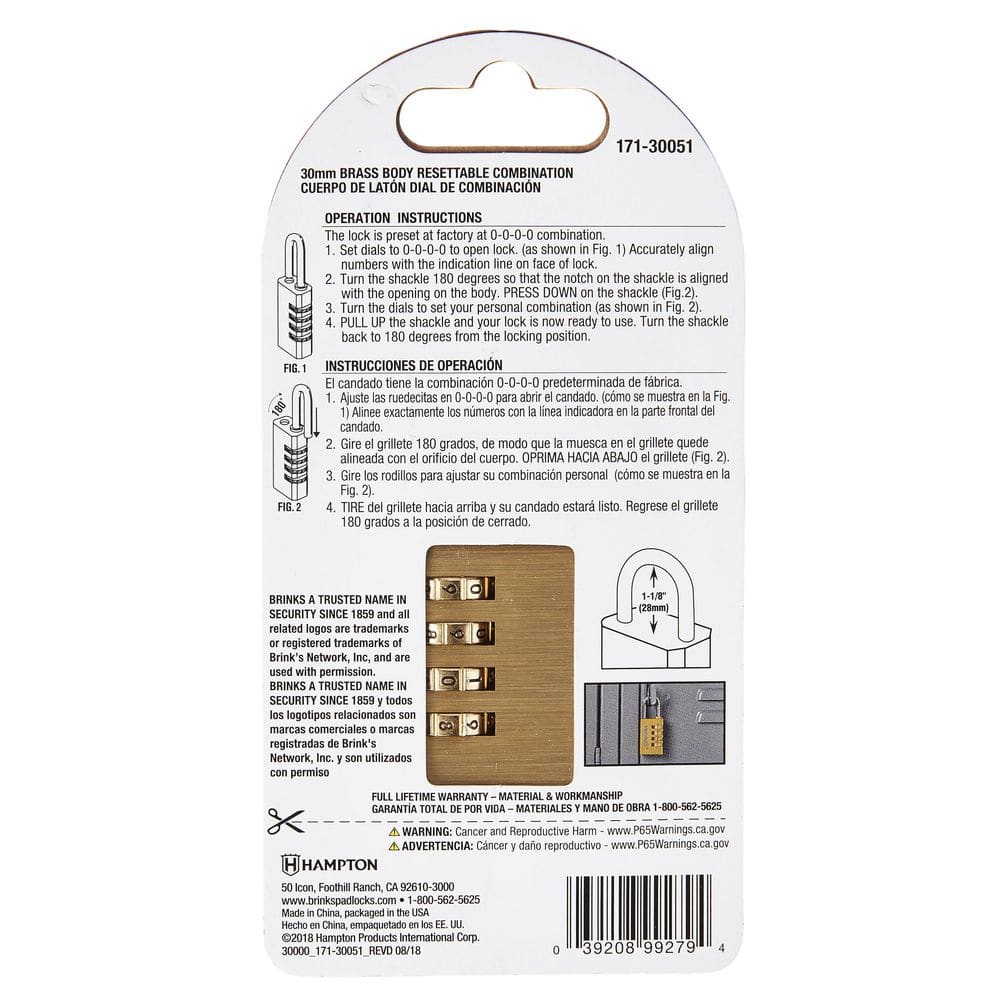Solid Brass 30mm Resettable Combination Padlock with Chrome Shackle