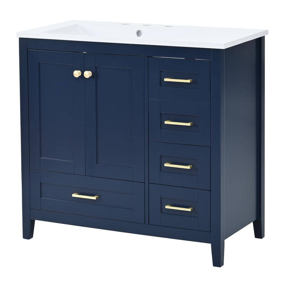 36 in. Freestanding Blue Bath Vanity with White Cultured Marble Top Unassem