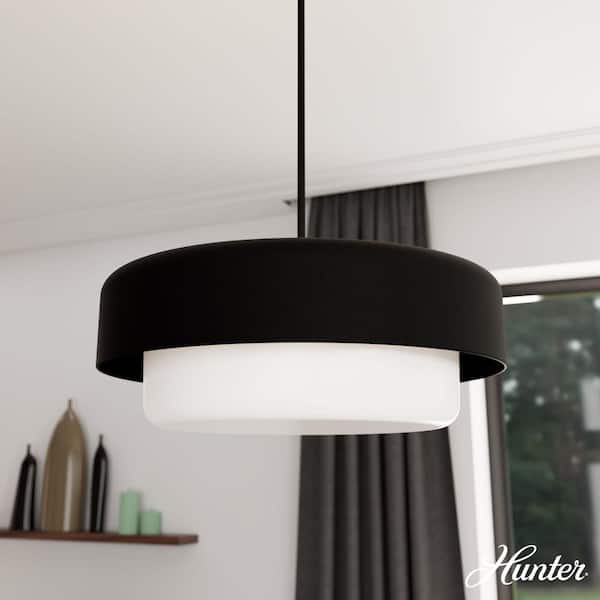 Hunter Station 4-Light Natural Iron Shaded Pendant Light with Cased White Glass Shade