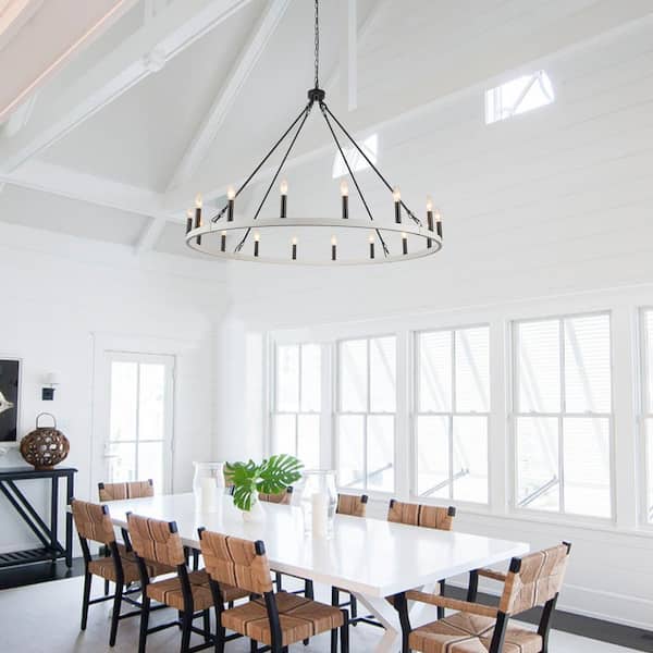 16-Light 47 in. Large Modern Black/Distressed White Farmhouse Candle Wagon Wheel Chandelier for Dining Room