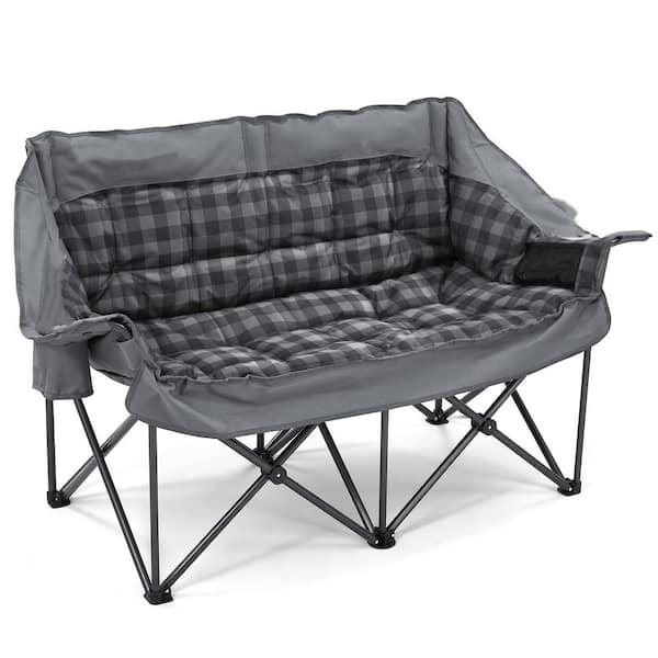 Grey Double Camping Chairs Padded Loveseat Chair with Cup Holders and Carry Bag for 2 Person