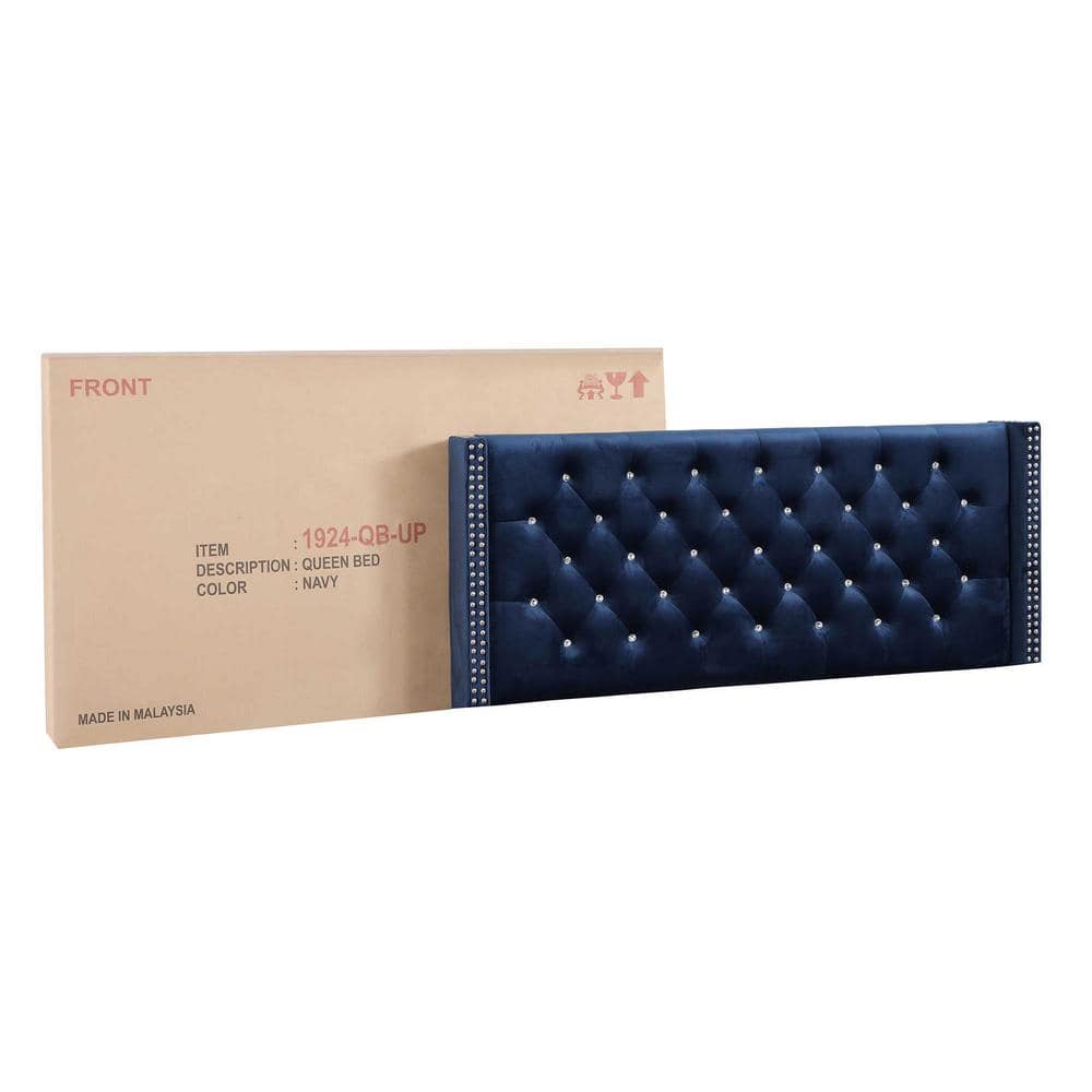 Navy Blue Velvet Tufted Upholstered Queen Bed with Nailhead Trim