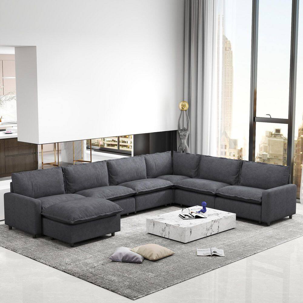140.16 in. Square Arm 7-piece Linen Modern Modular Sectional Sofa Spacious Living Room Couch with Ottoman in Dark Gray