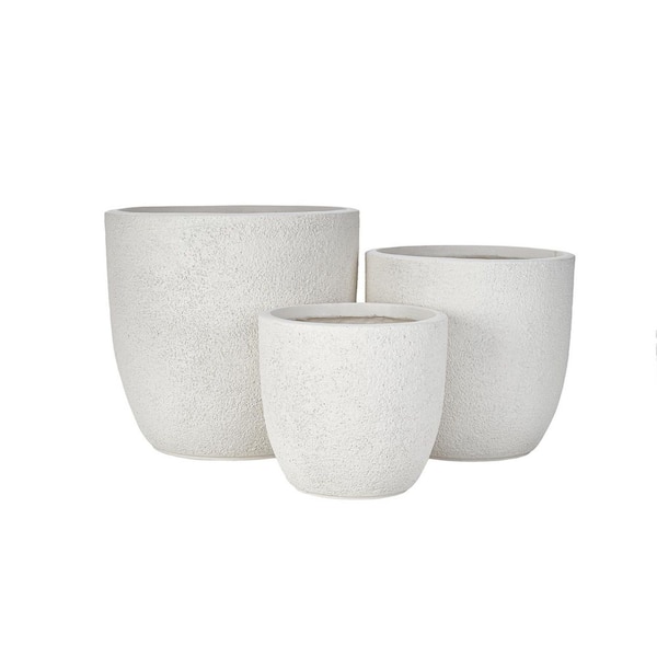 3-Pack Lightweight Matte Textured White Planter Round Concrete Flower Pot with Drainage Holes, Rubber Plug for Patio