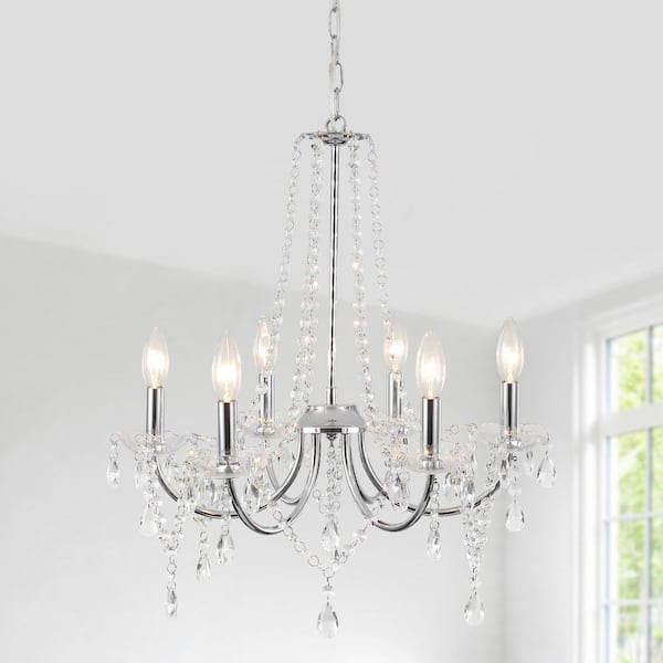 ZJVAIVE 6-Light Chrome Classic Candlestick Crystal Hanging Linear Chandelier Lighting for Dining Room Kitchen Island