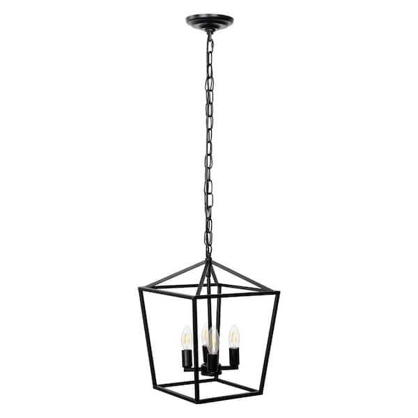 YANSUN 4-Light Geometric Cage Lantern Pendant Light with Black Finish
