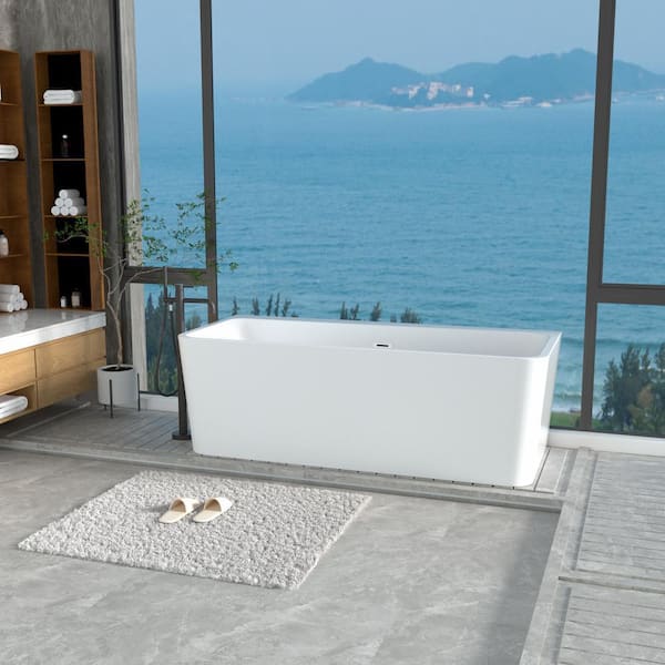 67 in. Acrylic Freestanding Flatbottom Double Ended Rectangular Soaking Bathtub in White with Brass Drain