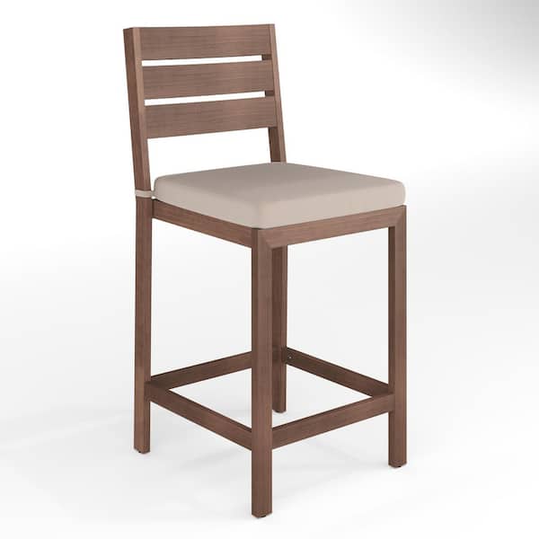 Bedford Aluminum Outdoor Patio Bar Stools with Brown Brushed Woodgrain and Cream All-Weather Seat Cushions, 2-Pack