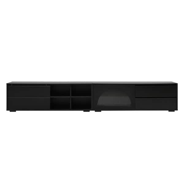 Black TV Stand Entertainment Center Fits TVs Up to 100 in. with LED Light and Glass Door