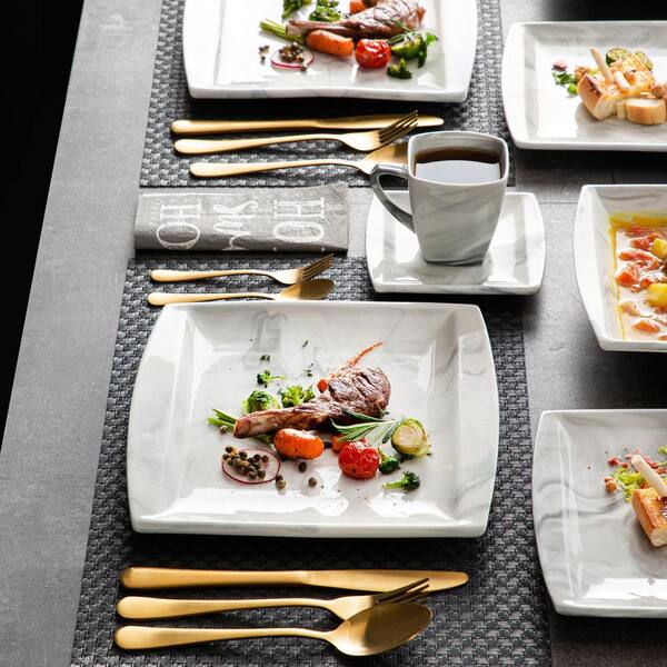 MALACASA Blance Marble Grey Porcelain Dinnerware Set with  Cups/Saucers/Dessert/Soup/Dinner Plates&1 Dish/Rectangular optional