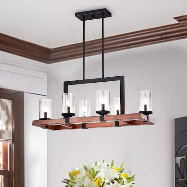 Edvivi 6-Light Black and Wood Rectangular Linear Chandelier with Seedy Glass Shades