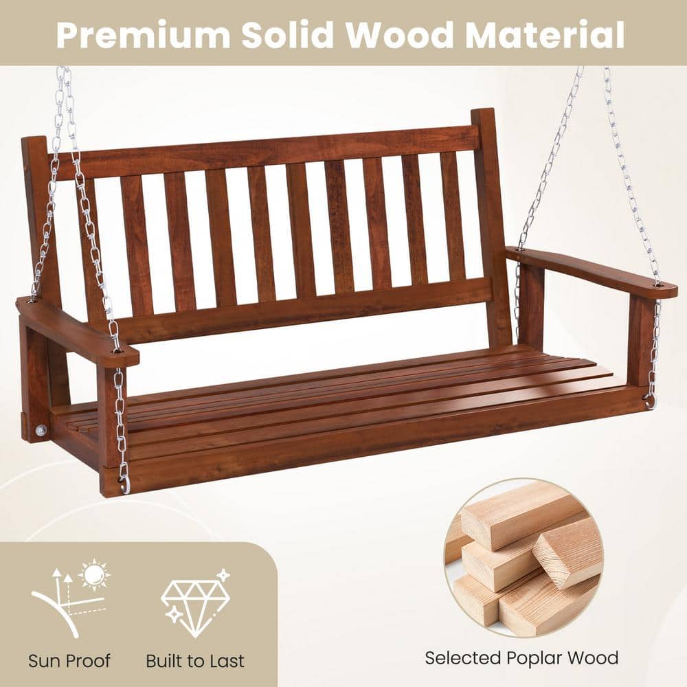 Brown Solid Wood 2-Person Outdoor Porch Swing with Metal Chains