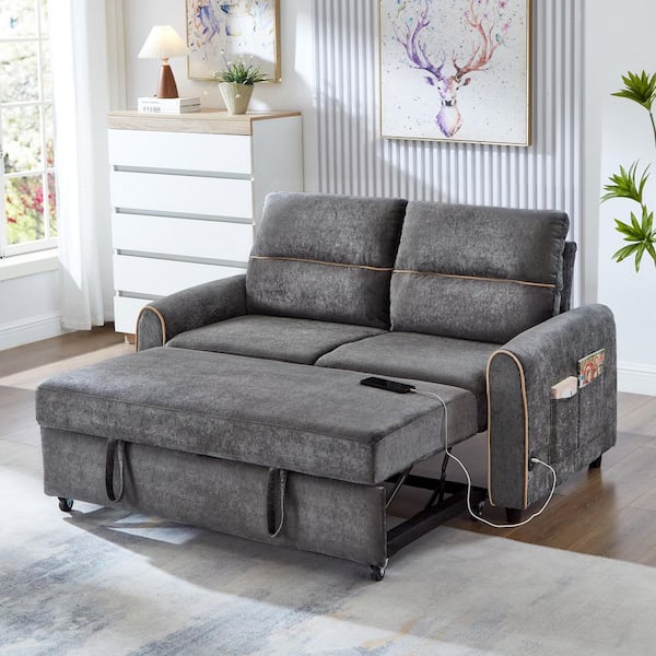 Dovren Modern 58 in. Gray Chenille Upholstered Pull Out Twin Size Sofa Bed, Sleeper Loveseat Sofa with Adjustable Back