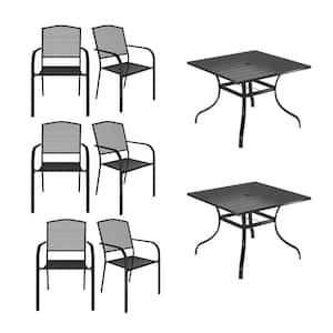 8-Piece Black Steel Dining Chair Square Table 28.54 in. H Outdoor Dining Set with Umbrella Hole